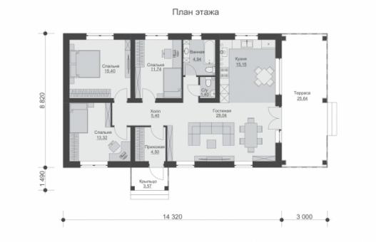 Одноэтажный дом с тремя спальнями, кухней-гостиной и террасой